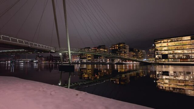 Drammen city, Norway. The river is called Drammenselva, and the bridge is called Ypsilon.  The city's library is located on the right side of the river.