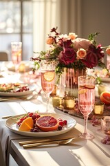 Obraz na płótnie Canvas Festive table setting with flowers and fruits, bright interior
