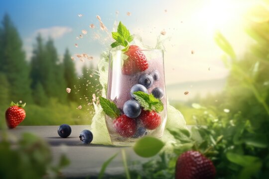  blueberries, raspberries, and mint sprinkled in ice in a glass of water on a table with green leaves and blue sky in the background.
