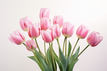 Pink tulip flowers bouquet over white background in sunlight