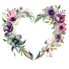 watercolor floral wreath in a heart shaped frame