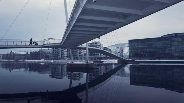 Drammen city, Norway. The river is called Drammenselva, and the bridge is called Ypsilon.  The city's library is located on the right side of the river.