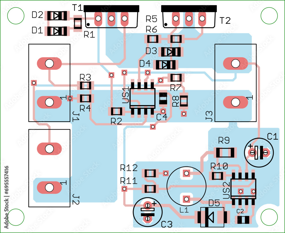 Poster vector printed circuit board of an electronic device with components of radio elements, conductors, 