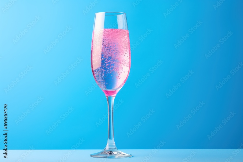 Poster a close up of a wine glass with a liquid inside of it on a table against a blue background with a re