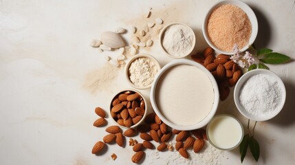Fototapeta na wymiar An image presenting a diverse assortment of almond products--almond milk, almond butter, and almond flour--arranged in an appealing composition, highlighting their culinary versatility.
