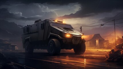 An armored vehicle stationed at a roadblock, its imposing presence highlighted by the stark contrast between its matte finish and the surrounding environment - obrazy, fototapety, plakaty