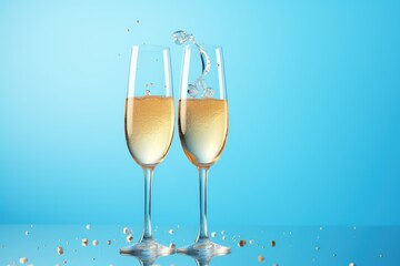  two glasses of champagne with bubbles on a blue background with a splash of water on the glass and a splash of water on the glass with bubbles on a blue background.
