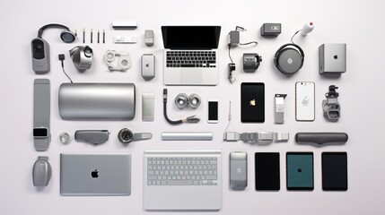 An array of tech gadgets neatly organized on a monochromatic desk, creating a visually appealing workspace