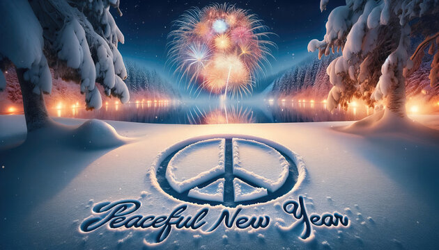 peace sign and text peaceful new year written in the snow on the ground. New years fireworks in the background