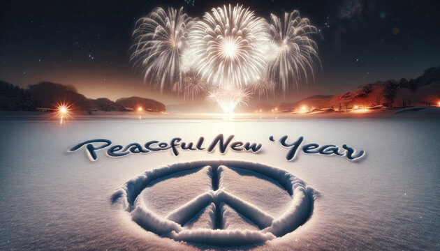 peace sign and text peaceful new year written in the snow on the ground. New years fireworks in the background