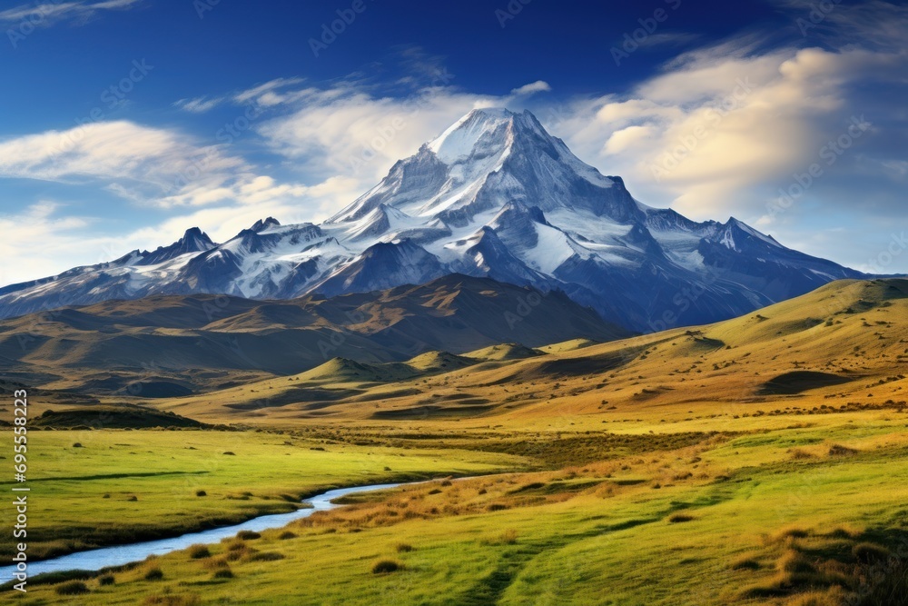 Poster  a mountain range with a stream in the foreground and a grassy field in the foreground with a stream in the foreground and a blue sky with clouds in the background.