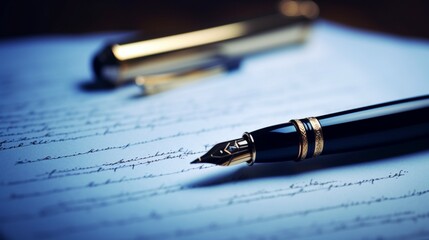 An elegant fountain pen poised over a blank legal document, capturing the anticipation and precision inherent in legal drafting - obrazy, fototapety, plakaty