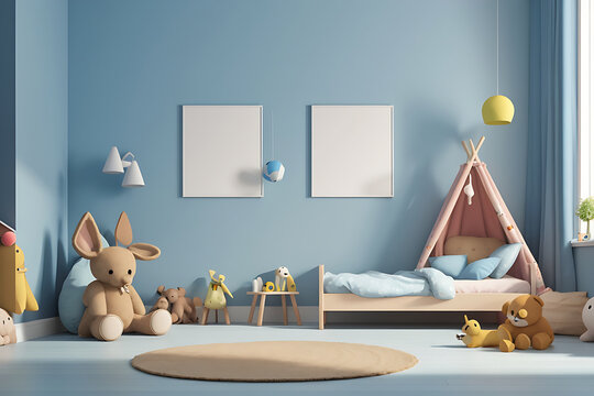  3d rendering Mock up posters in child room interior, posters on empty blue wall background.