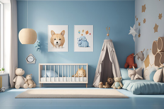  3d rendering Mock up posters in child room interior, posters on empty blue wall background.