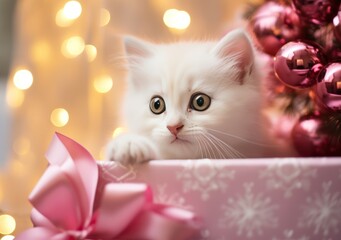 kitten with pink gift boxes on the background of a christmas tre - obrazy, fototapety, plakaty