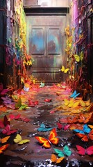  a group of colorful butterflies floating on top of a puddle of water in front of a wooden door that has a painting of a man in the middle of it.