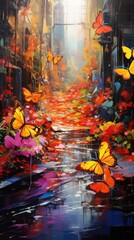  a painting of a city street with a lot of butterflies flying over the street and a stream of water running through the middle of the street, with a lot of flowers in the foreground.