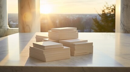 A stack of business cards neatly arranged on a marble tabletop, catching the light in a softly lit room