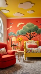 A cheerful children's bedroom showcasing a 3D intricate pattern in tomato red on the ceiling, a lemonade yellow armchair, a storybook theme, and a whimsical tree mural