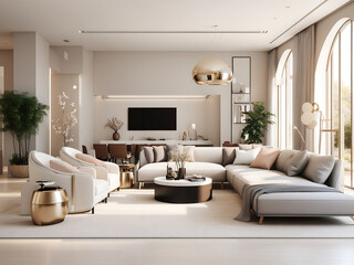 Sleek Living Room Sanctuary with Designer Furniture, High Ceilings, and Elegant Decorative Accents.