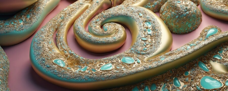 a close up of a gold and turquoise colored swirl
