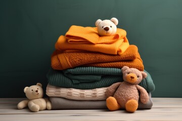  a teddy bear sitting on top of a pile of sweaters and a teddy bear sitting on top of a pile of folded sweaters and a green wall in the background.