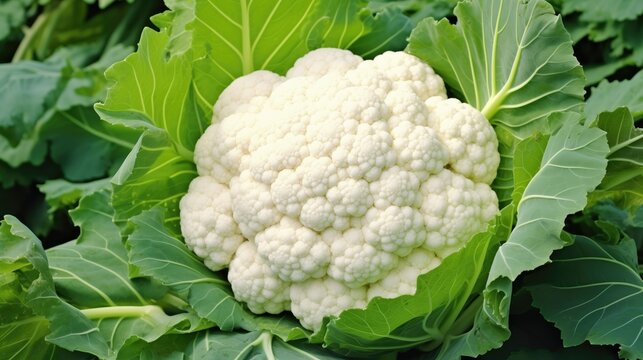A high-resolution stock image of fresh, organic cauliflower. The tightly packed white florets and vibrant green leaves create a distinct, well-defined texture
