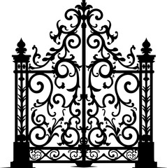 Fototapeta na wymiar Vector illustration wrought-iron fence. Old metal fence and gate. Gate silhouette. AI generated illustration.