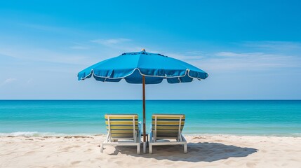 A beautiful tropical beach and sea can be found outdoors with an umbrella and chair