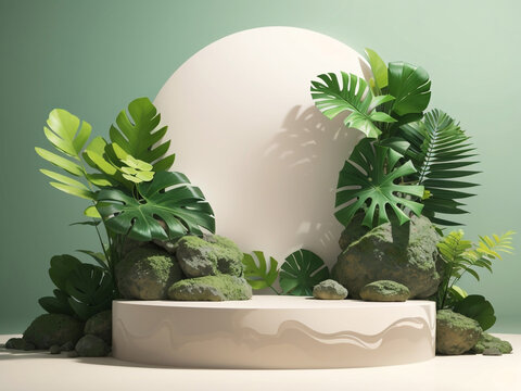 3D podium display with monstra deliciosa and frosted glass copy space. Minimal beige background with pedestal and green plant leaves. Trendy natural product promotion banner. Simple tropical 3d render