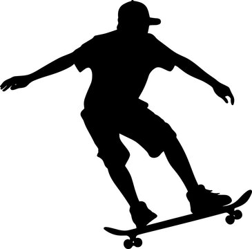 Silhouette of skateboarder jumping , black and white drawing, white background. AI generated illustration.