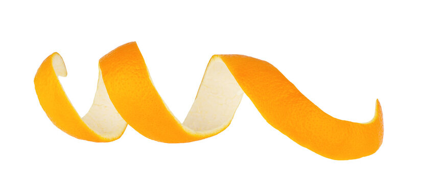 Spiral form of orange skin isolated on a white background, top view. Orange peel. Citron.
