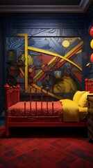 A creative children's bedroom showcasing a 3D intricate pattern in canary yellow on the bed's footboard, an artist's studio theme, and a palette-shaped bed in red and dark blue