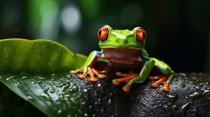 Foto op Aluminium A close-up of the red-eyed tree frog aglychnis callidryas perched on leaves. © Ruslan