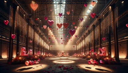 Large warehouse decorated with red and pink lights for Valentine's Day. Hearts hang in a big room,...