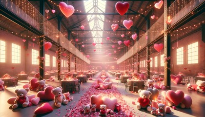 Warehouse turned into a romantic place for Valentine's Day, with heart decorations. Tables with roses and candles are set for a romantic night.