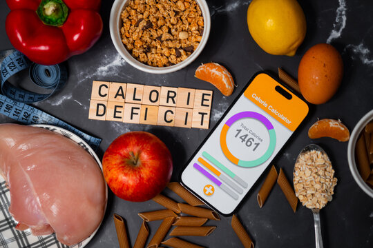 Flat lay photo showing calorie deficit. The inscription calorie deficit next to fruit, vegetables, meat and pasta. A healthy, tasty and balanced diet