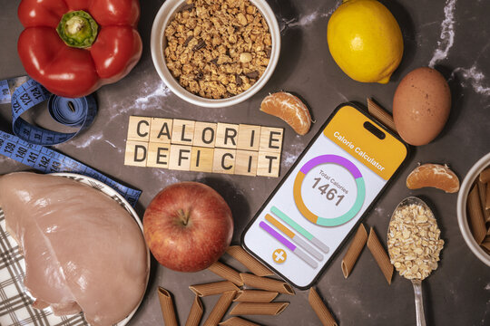 Flat lay photo showing calorie deficit. The inscription calorie deficit next to fruit, vegetables, meat and pasta. A healthy, tasty and balanced diet