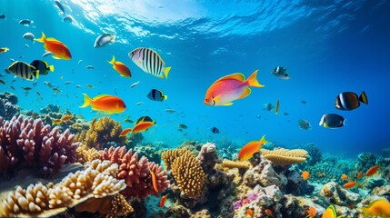 A coral reef that is vibrant has a variety of fish swimming in it