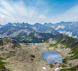 Tatra Mountain view to group of glacial lakes from path Kasprowy Wierch to Swinica mount, Poland.