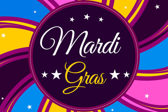 Mardi Gras event concept design with colorful minimalist shapes and typography in the circle.