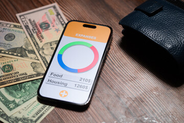 Setting a household budget using a mobile application. Smartphone next to US dollars.