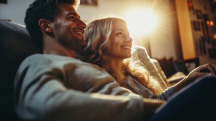 couple souriant en train de regarder un programme sur leur télévision assis dans le canapé de leur salon - obrazy, fototapety, plakaty