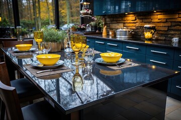 cuisine moderne de couleur bleu et orange avec table mise avec assiettes et couverts