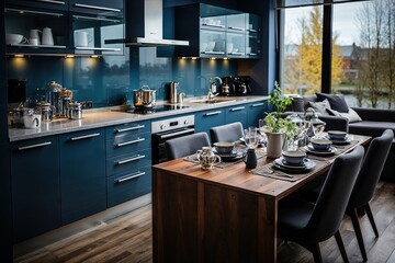 cuisine moderne de couleur bleu et orange avec table mise avec assiettes et couverts - obrazy, fototapety, plakaty