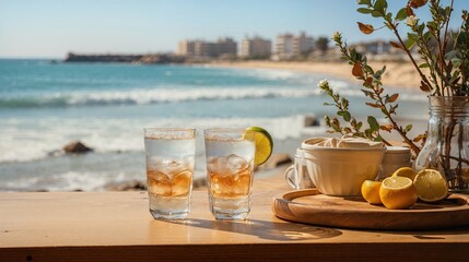 bar en bois d'une villa en bord de mer donnant directement sur la plage, cocktail aux agrumes prêt...