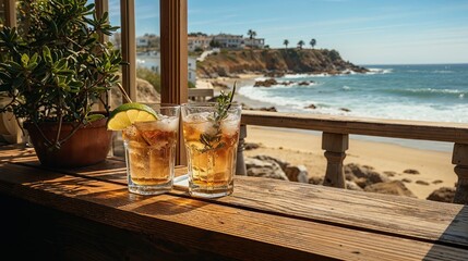 bar en bois d'une villa en bord de mer donnant directement sur la plage, cocktail aux agrumes prêt...