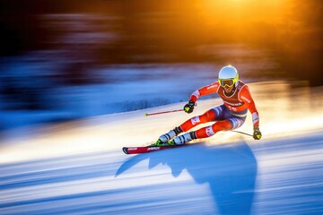 Fototapeta na wymiar skieur qui descend une piste de ski à grande vitesse
