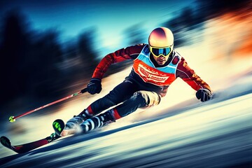 skieur qui descend une piste de ski à grande vitesse - obrazy, fototapety, plakaty