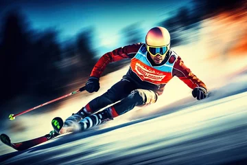 Fotobehang skieur qui descend une piste de ski à grande vitesse © Sébastien Jouve